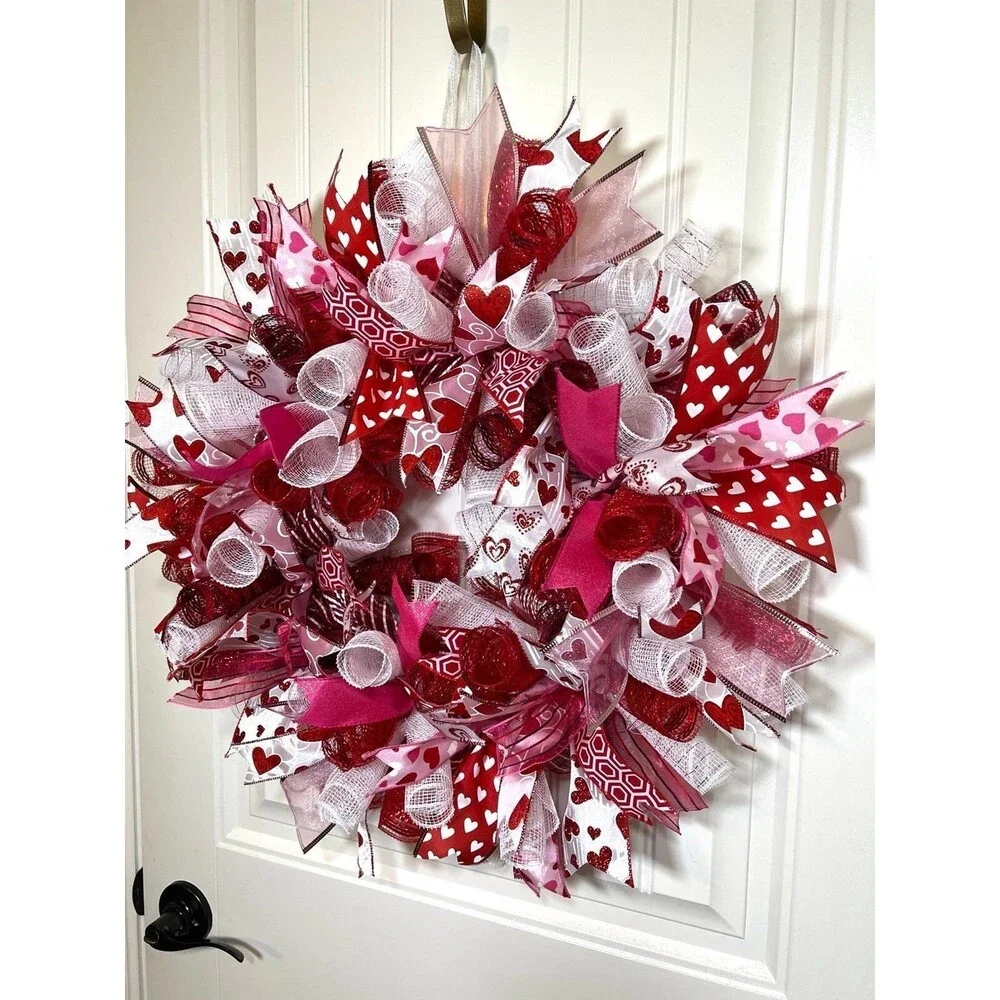 Handmade 22” Valentine’s Day Ribbon Mesh Wreath Hearts in Red & Pink w22